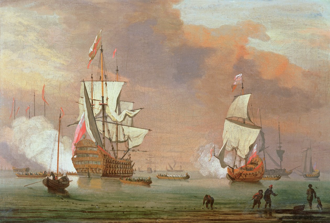 Buques de guerra disparando una salva de Peter Monamy