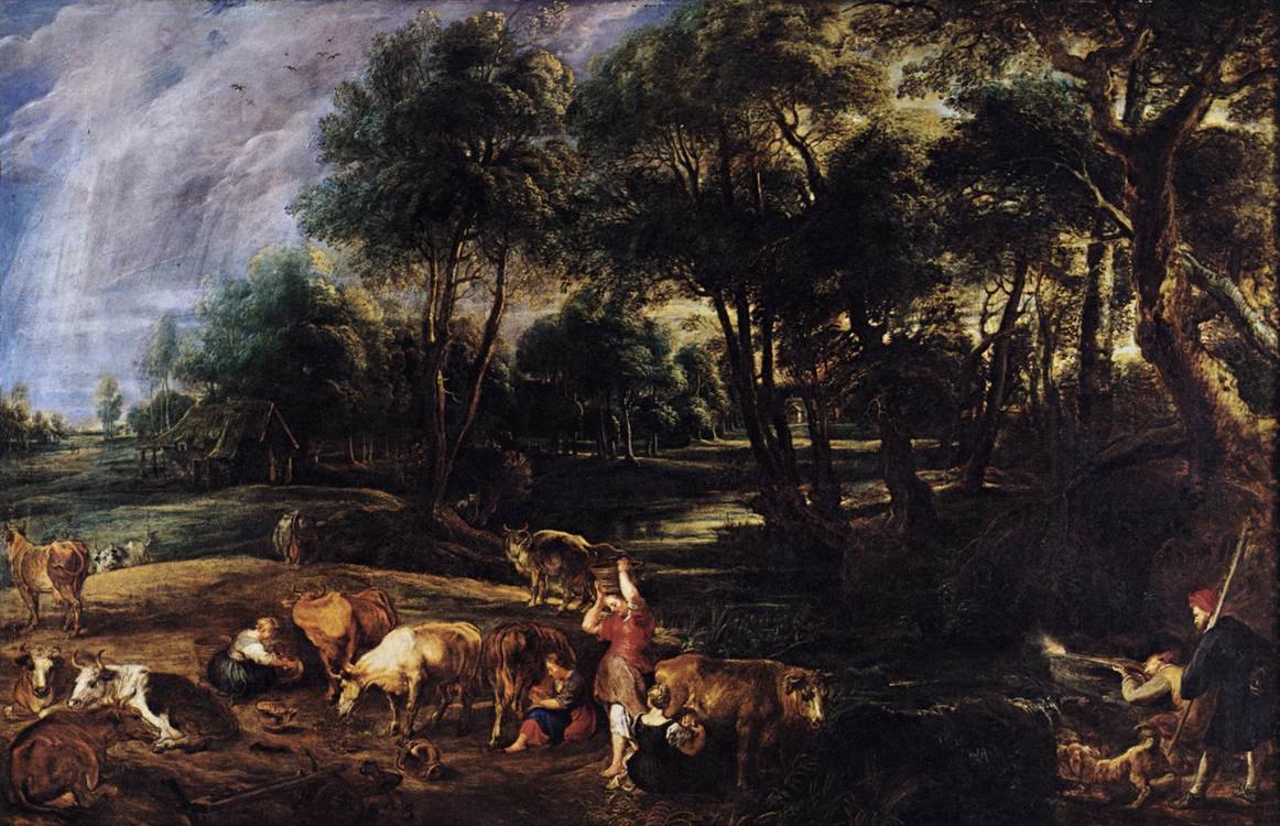 Paisaje con vacas y cazadores de aves de Peter Paul Rubens