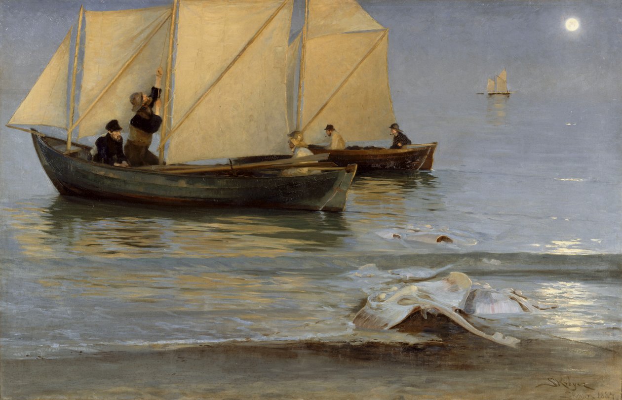 Pescadores de Skagen saliendo a pescar de noche. Tarde de verano. de Peder Severin Krøyer