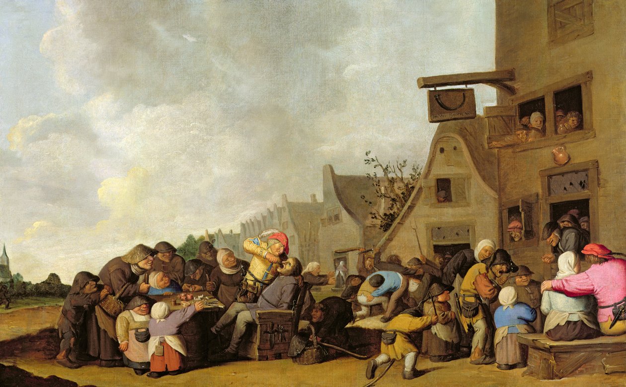 Escena de pueblo con un dentista sacando dientes y campesinos peleando fuera de una taberna, c.1630-40 de Peter de Bloot