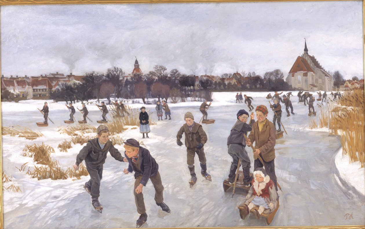 Niños patinando fuera de Fåborg de Peter Hansen