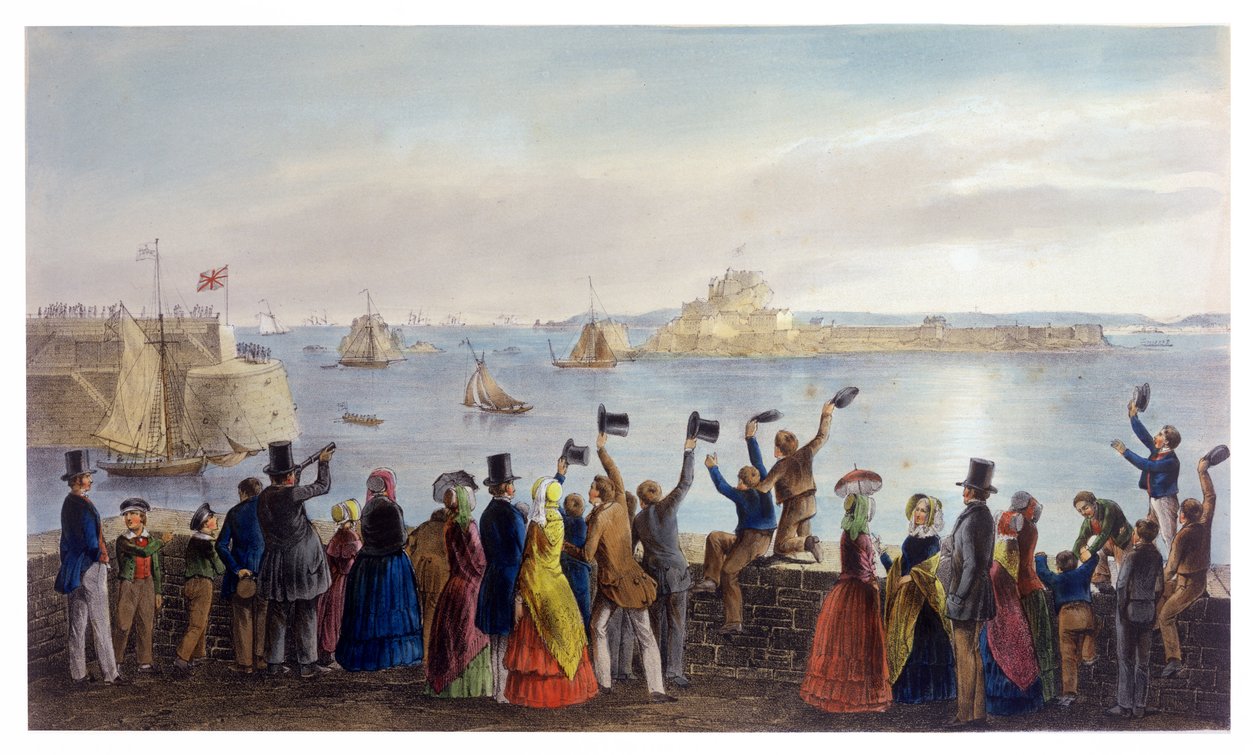 El Escuadrón Real Entrando en la Bahía de St. Aubin, 2 de Septiembre de 1846, de la Visita de la Reina Victoria en Jersey, grabado por H. Walter, 1847 de Philip John Ouless