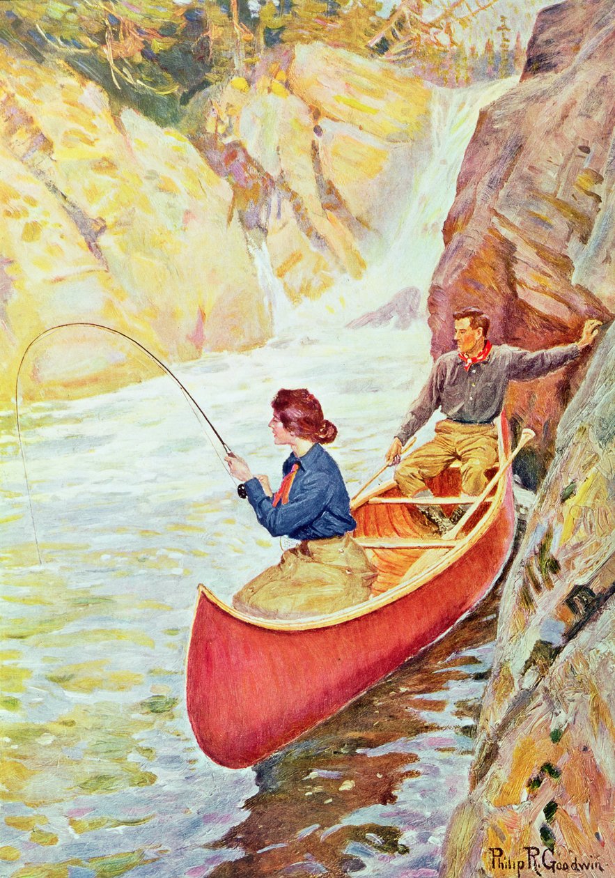 Pareja pescando cerca de una cascada de Philip Russell Goodwin