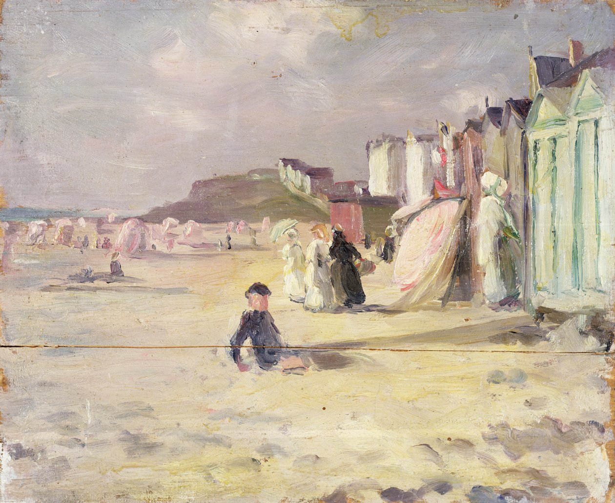Figuras caminando junto a una fila de cabañas de playa de Philip Wilson Steer