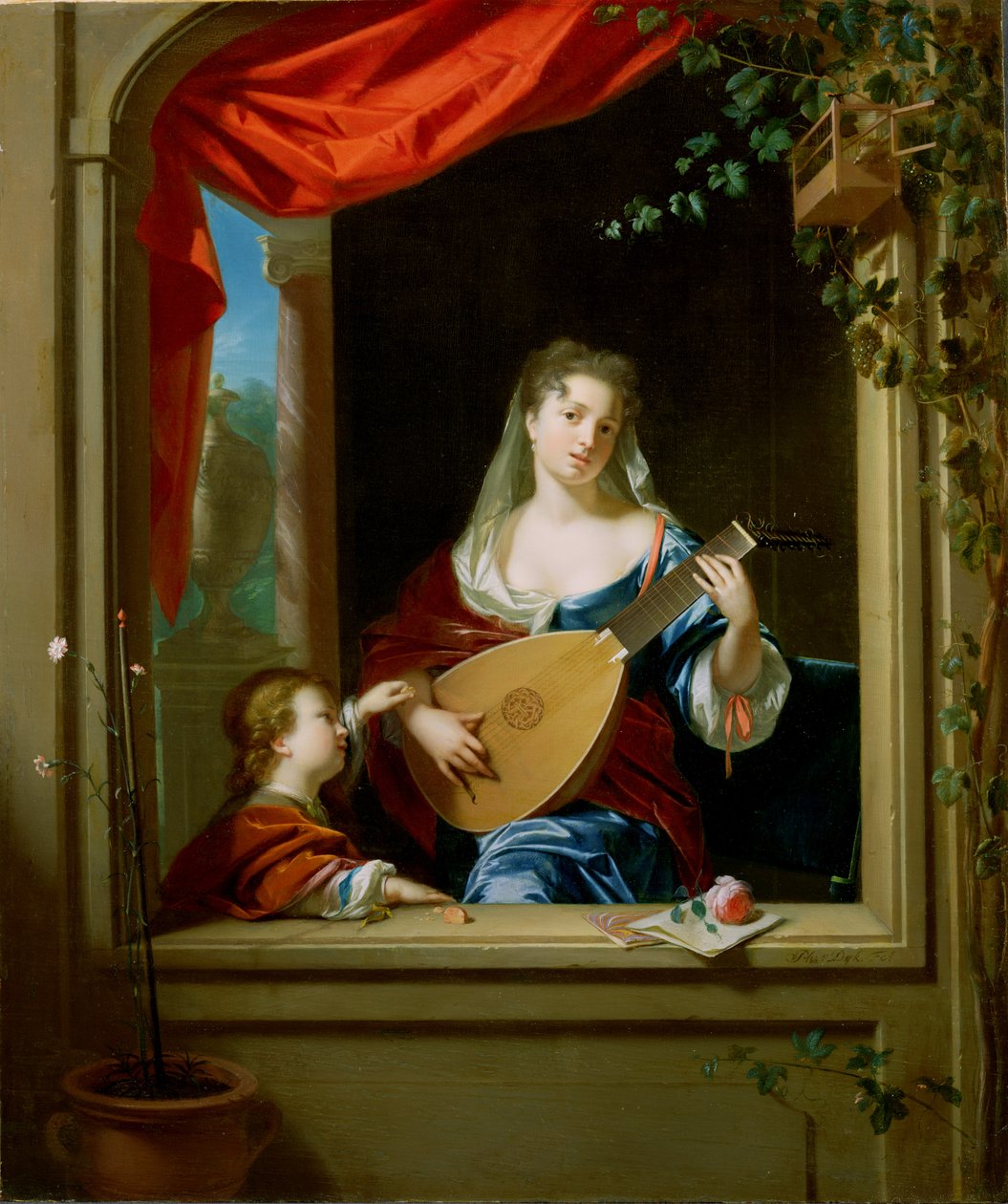 Dama elegante tocando el laúd en una ventana de Philip van Dyck