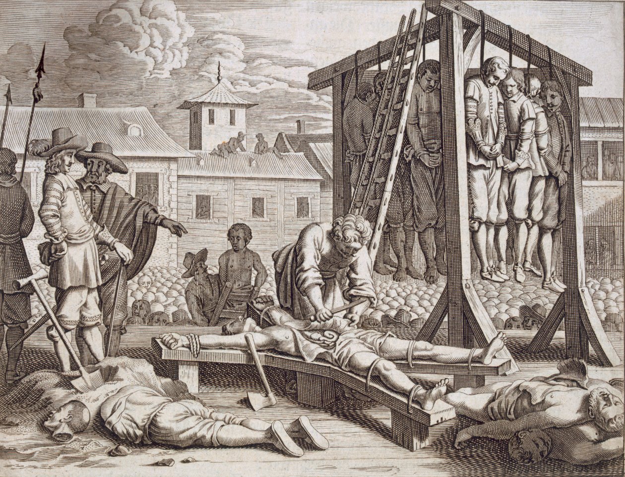 Ahorcamientos y torturas, pub. 1672 de Philip Baldaeus