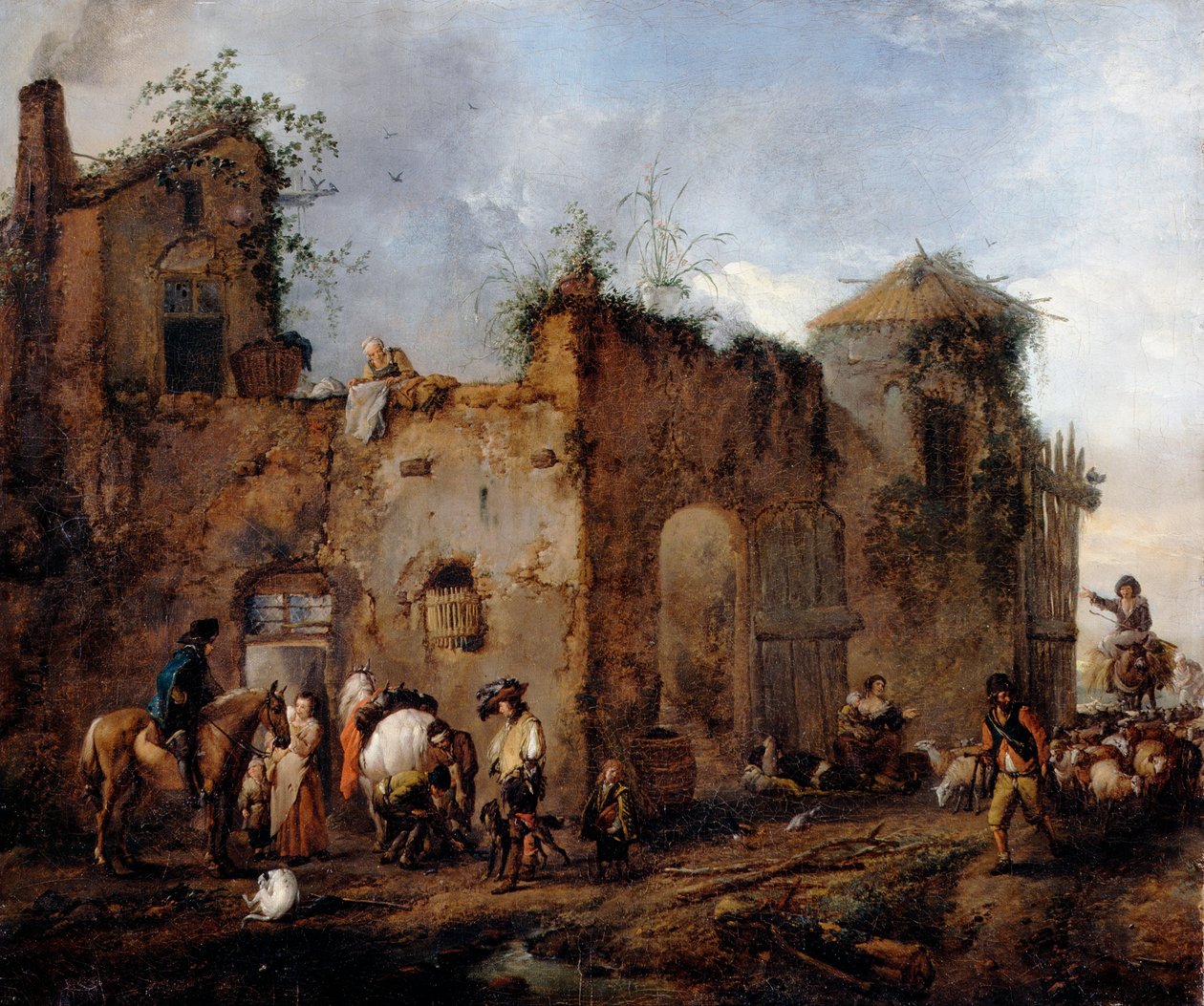 Patio con un herrador herrando un caballo de Philips Wouwerman