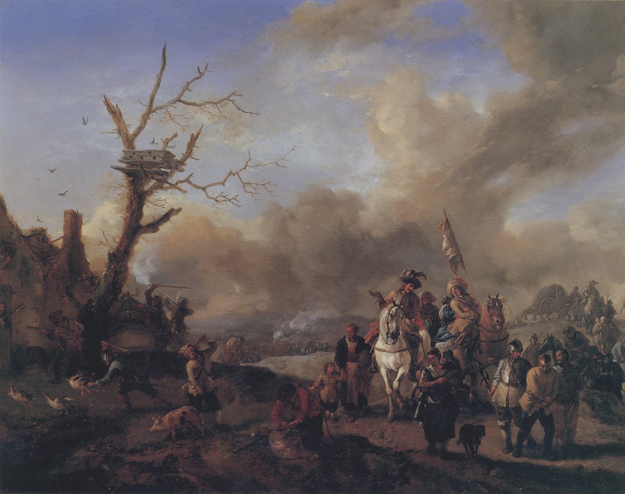 Tropa de soldados acercándose con vivanderas y niños, saqueando una granja de Philips Wouwerman