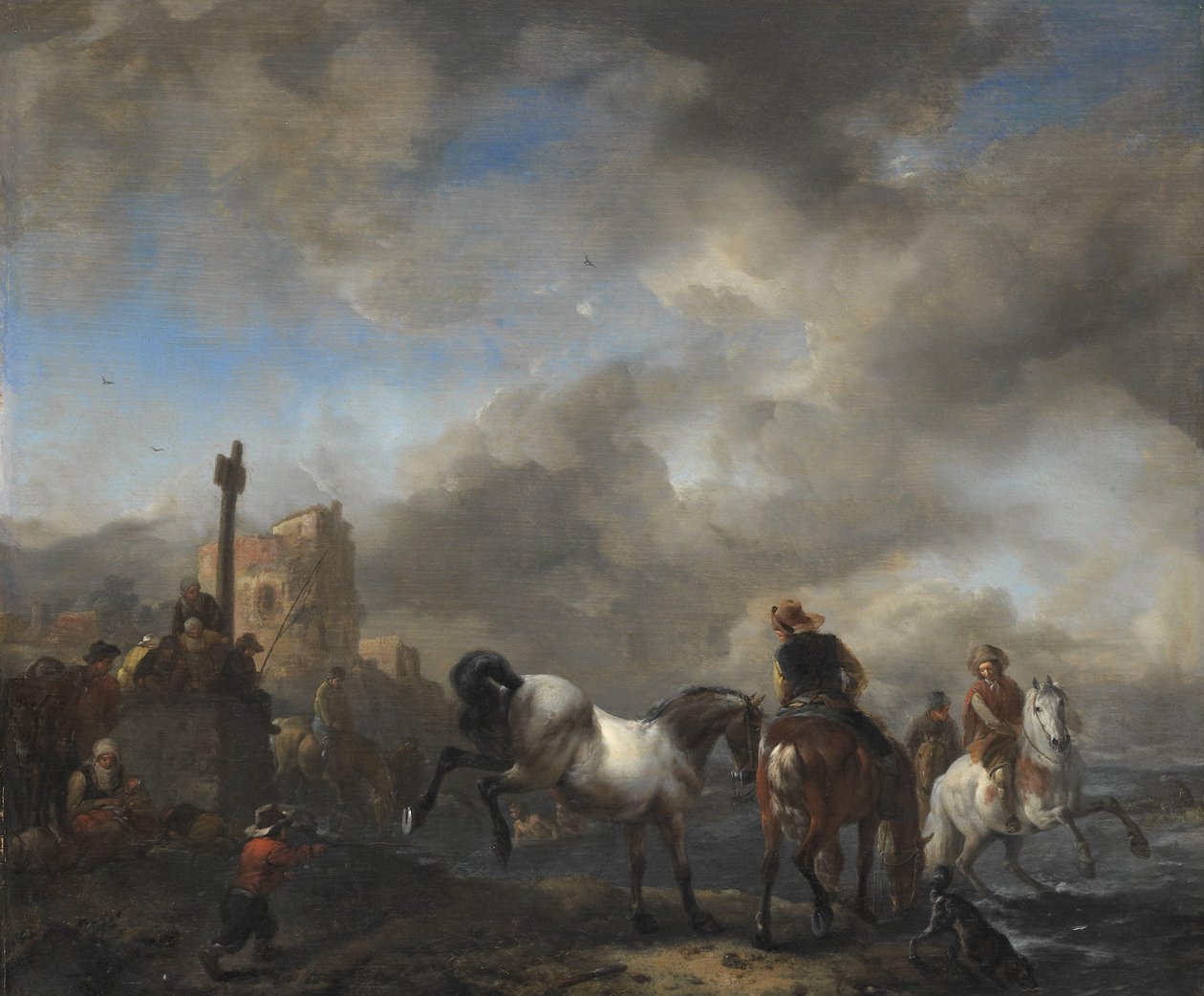 Estanque de caballos cerca de un mojón de Philips Wouwerman