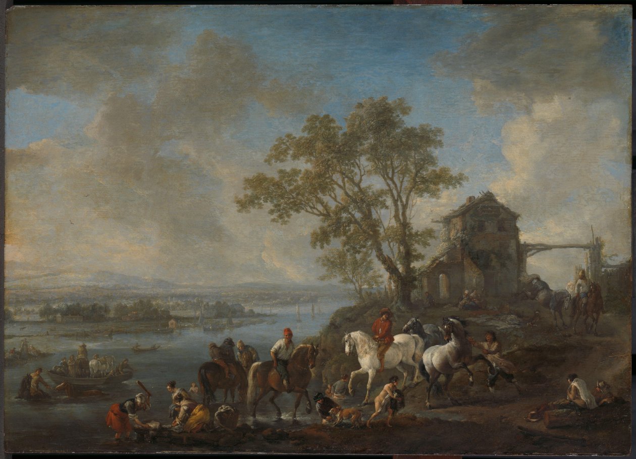 Estanque de caballos en un río de Philips Wouwerman