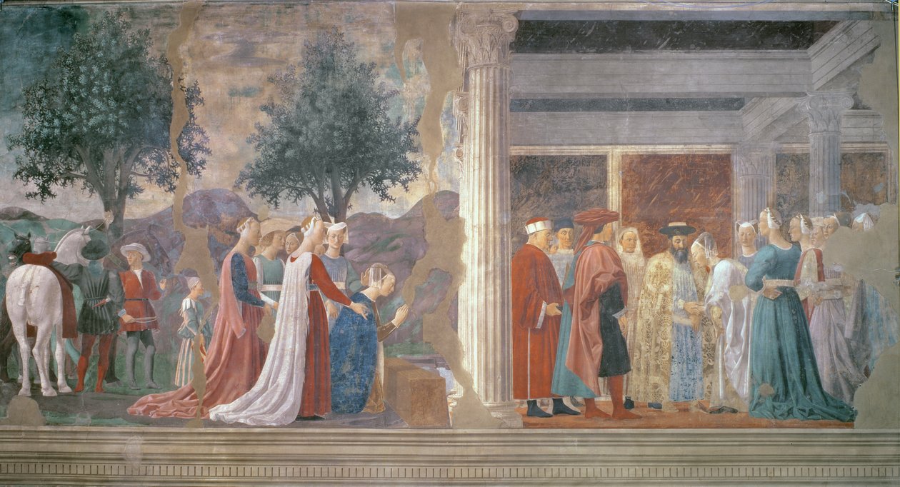 La Reina de Saba adorando la madera de la Verdadera Cruz y La recepción de la Reina de Saba por el Rey Salomón (c.1015-977) del ciclo de la Leyenda de la Verdadera Cruz, completado en 1464 de Piero della Francesca