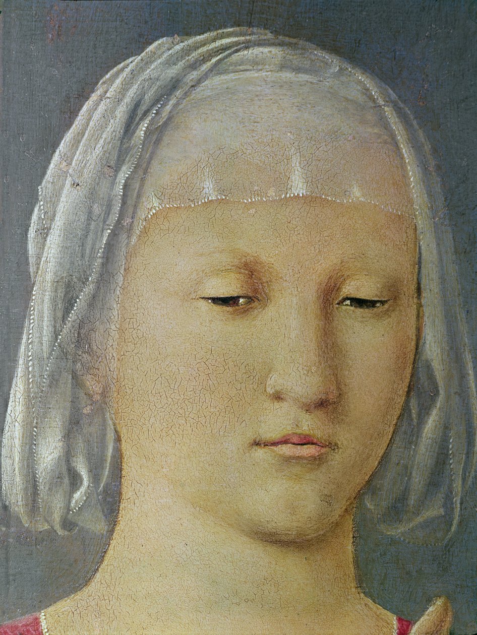 La Virgen y el Niño entre dos Ángeles, conocida como Madonna de Senigallia (detalle de la cabeza de la Virgen) de Piero della Francesca