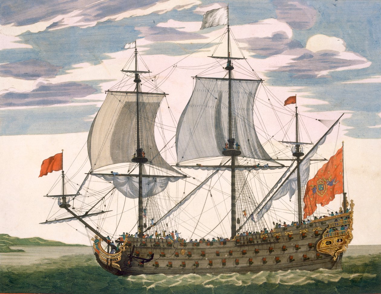 Marina Británica: un barco de primera clase con la Bandera Blanca; tres cubiertas con la cabina del Almirante, de 