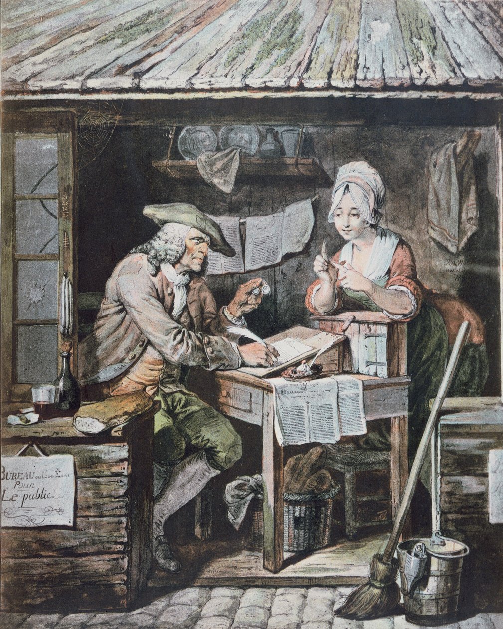 El escritor público (grabado a color) de Pierre Alexandre (after) Wille