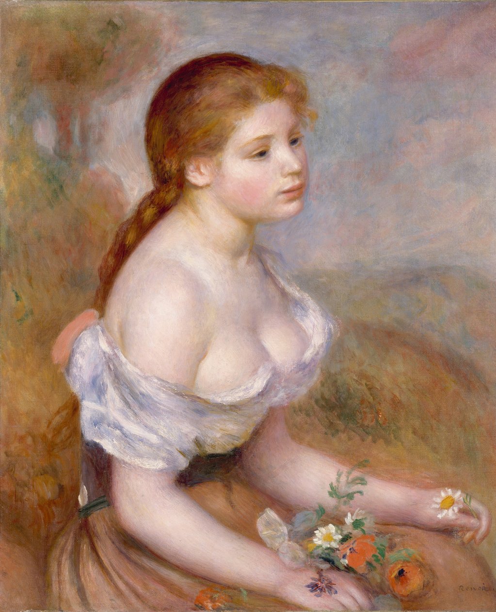 Una joven con margaritas de Pierre Auguste Renoir
