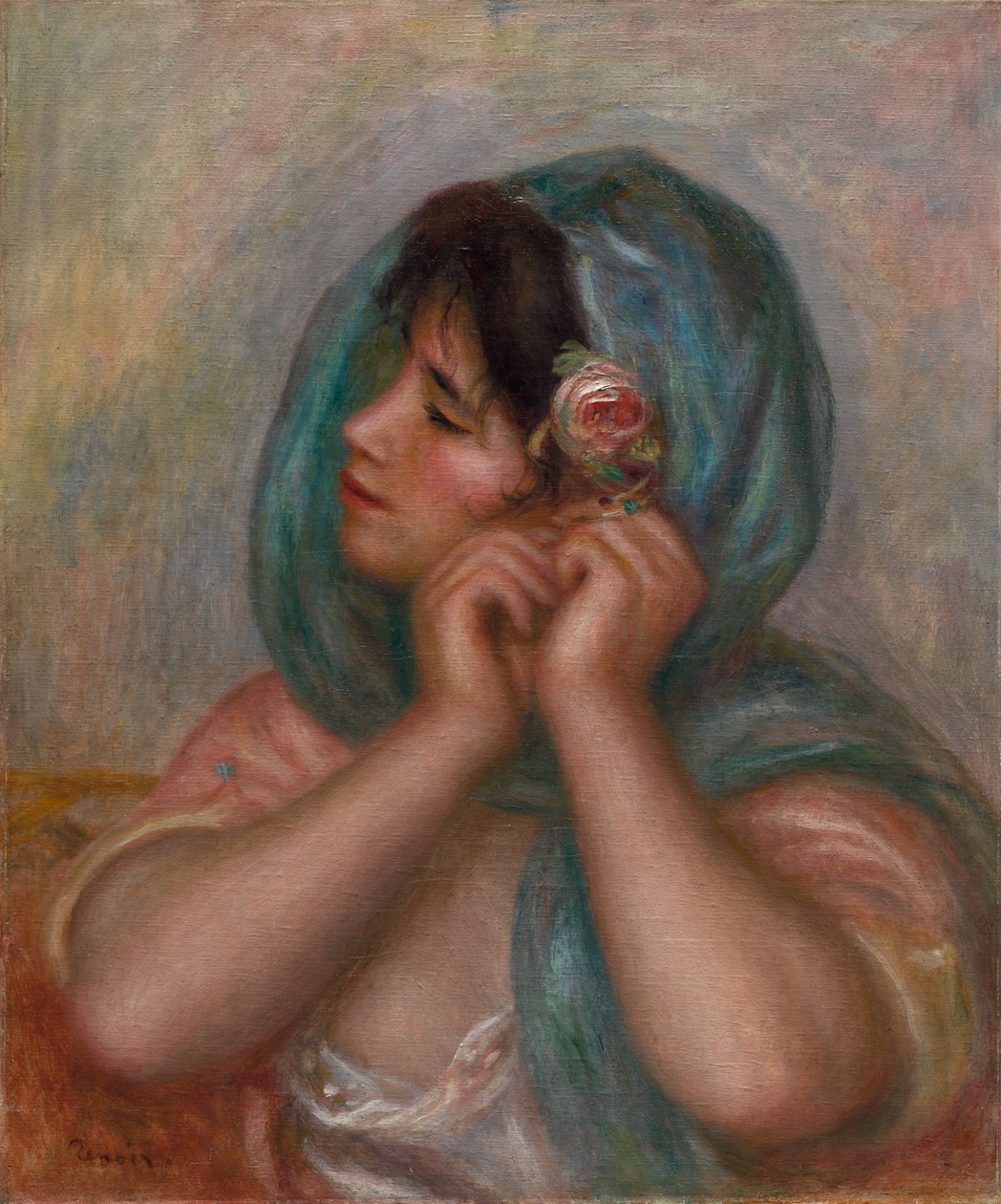 Joven mujer arreglando su pendiente de Pierre Auguste Renoir