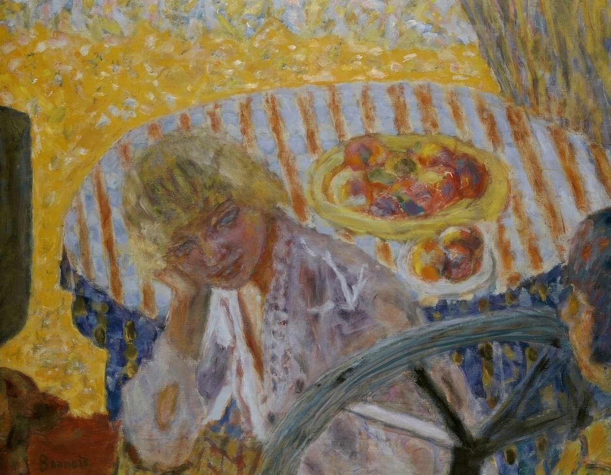 Joven mujer con mantel a rayas de Pierre Bonnard