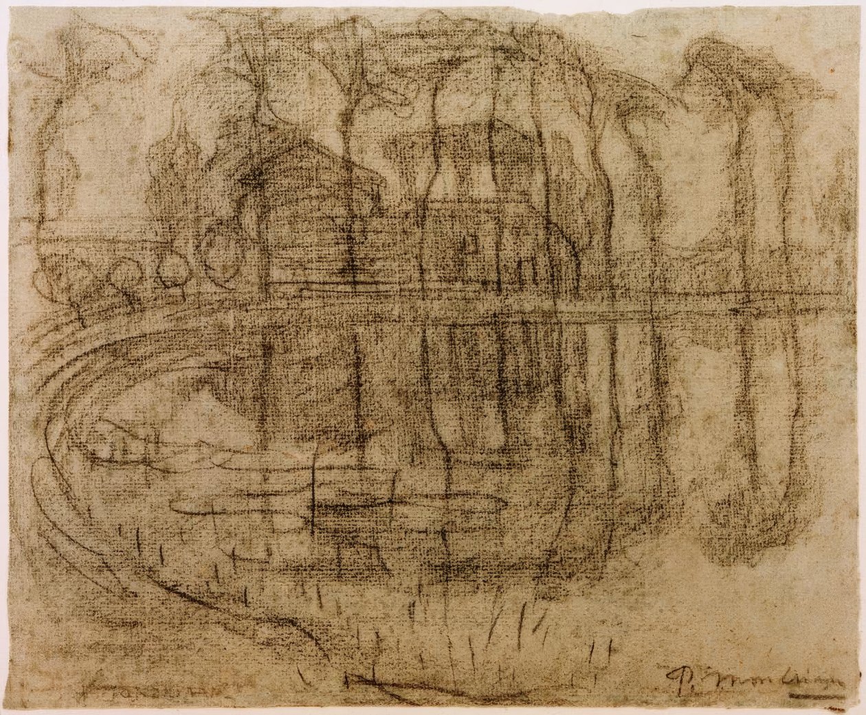 Casa de campo con árboles junto al agua de Piet Mondrian