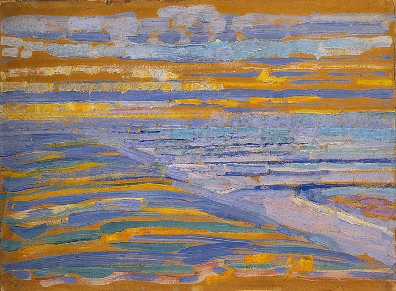 Dunas con playa y muelle, Domburg. 1909 de Piet Mondrian