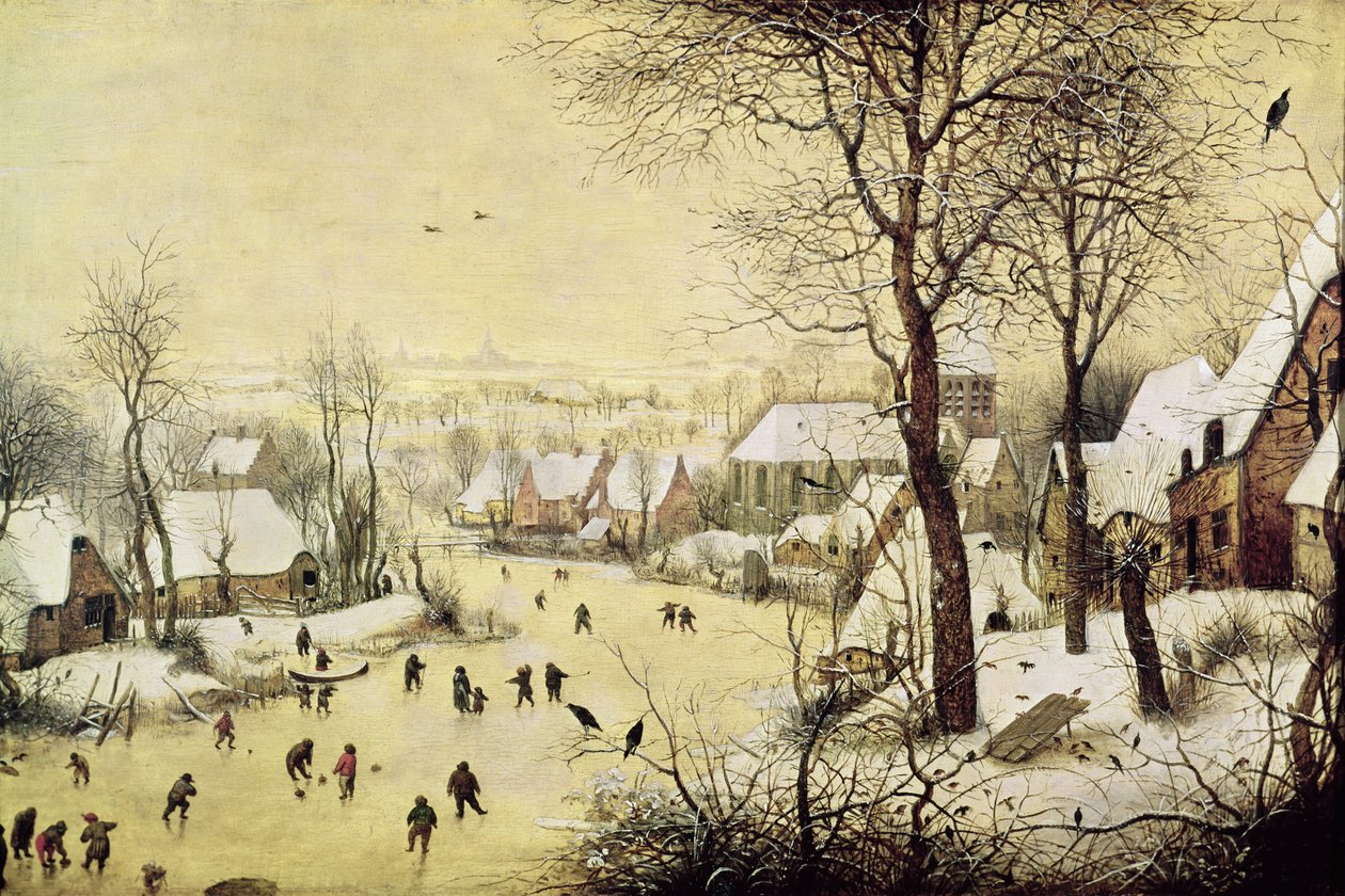 Paisaje de invierno con patinadores y una trampa para pájaros, 1565 de Pieter Bruegel the Elder