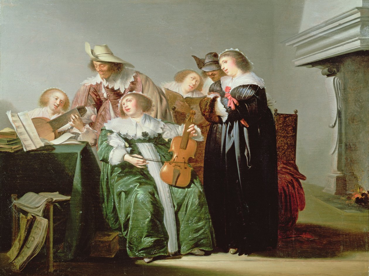 Figuras elegantes haciendo música en un interior de Pieter Codde