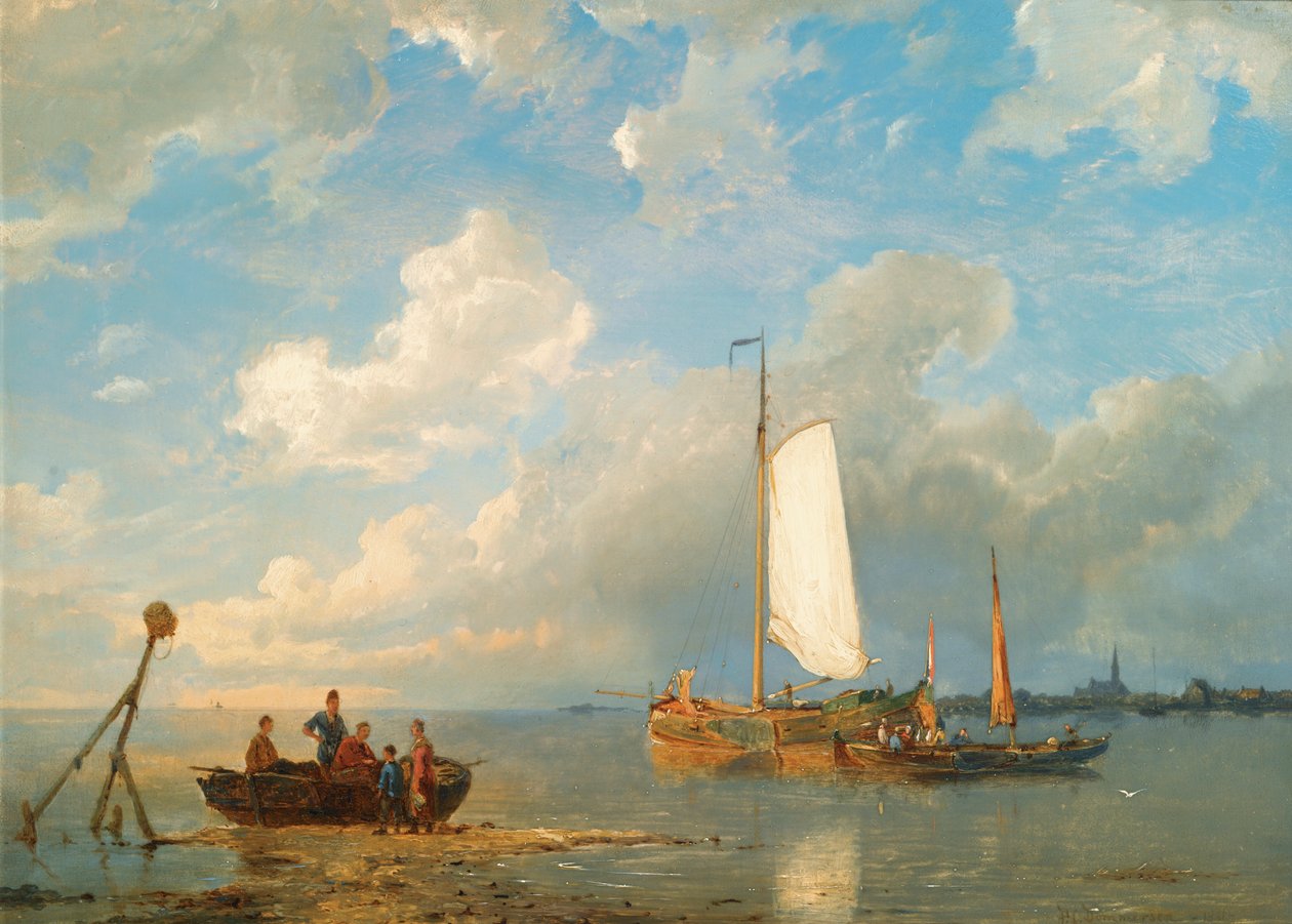 Barcos en un estuario con marea baja de Pieter Cornelis Dommersen