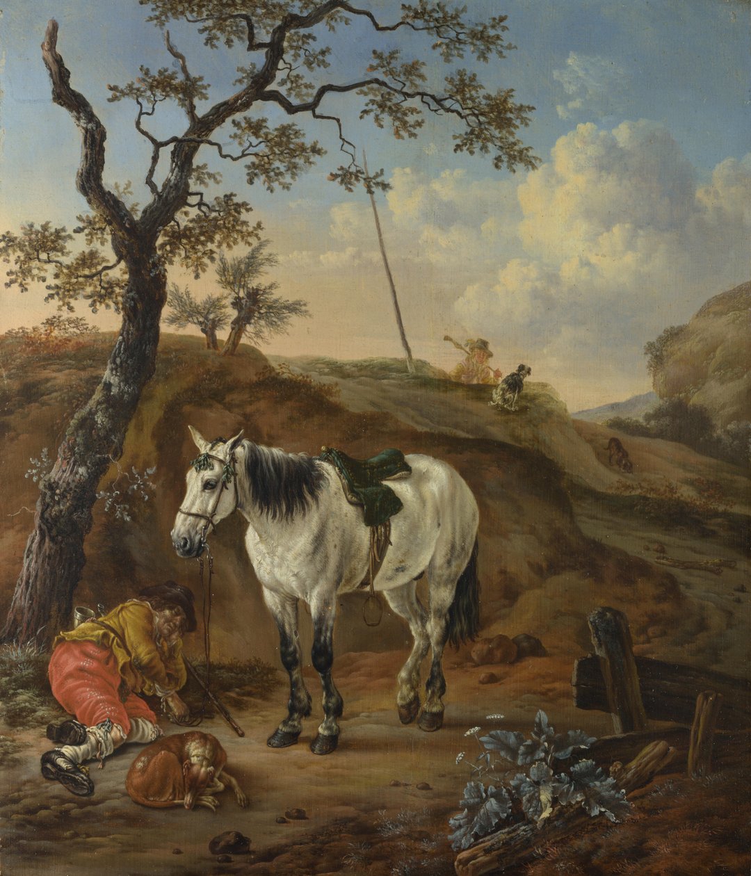Un caballo blanco junto a un hombre dormido de Pieter Cornelisz. Verbeeck