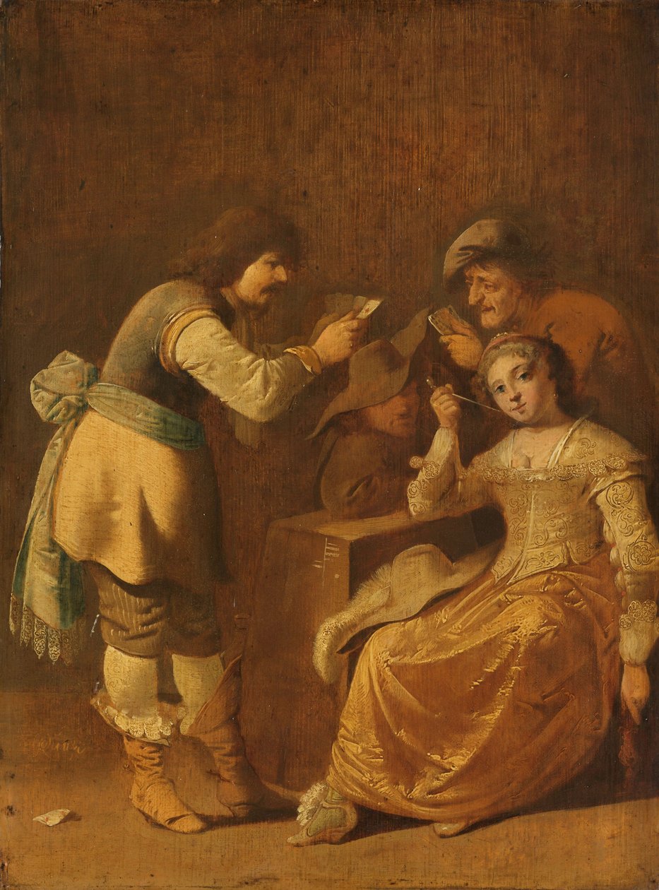 Jugadores de cartas con mujer fumando una pipa, 1630-47 de Pieter Jansz. Quast