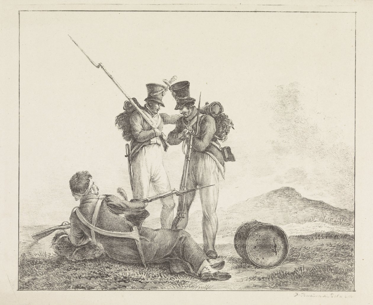 Tres soldados en el campo de batalla. de Pieter Bartholomeusz. Barbiers