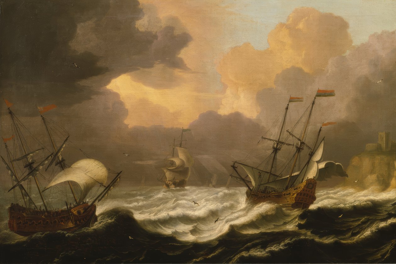 Mar agitado con tres barcos de Pieter Coopse