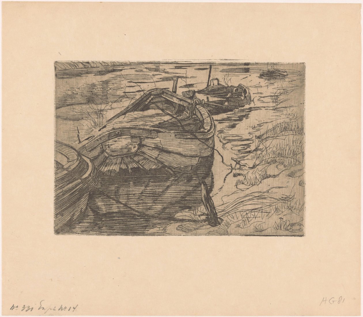 Barcos de remo amarrados en una zanja de Pieter Dupont