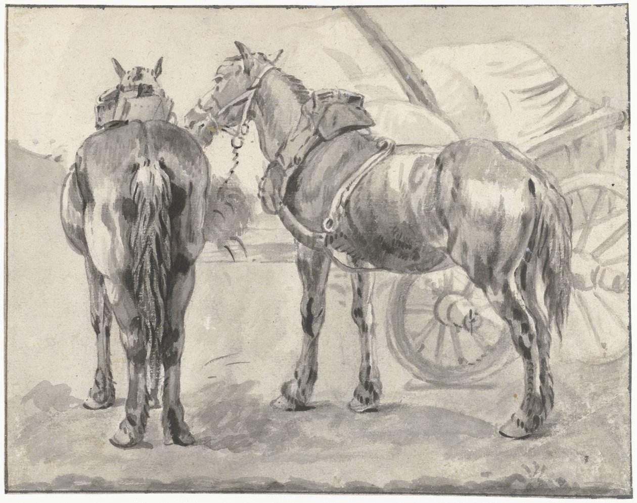 Dos caballos de enganche junto a un carro de Pieter van Bloemen