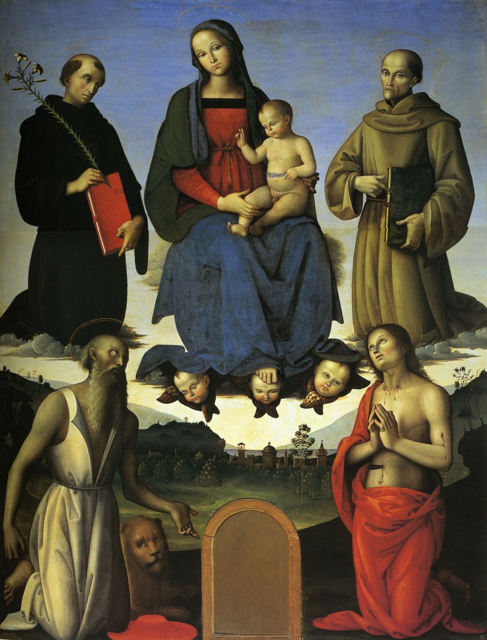 Pala Tezi (Virgen con el Niño, San Nicolás de Tolentino y San Bernardino de Siena) de Pietro Perugino