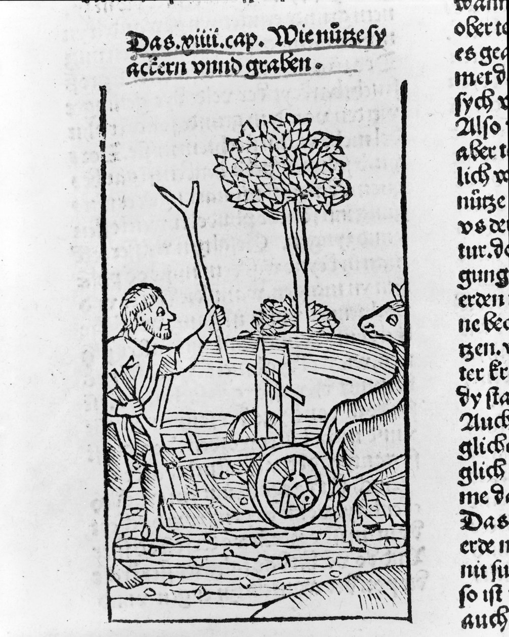Xilografía que muestra a un agricultor arando un campo de Pietro de