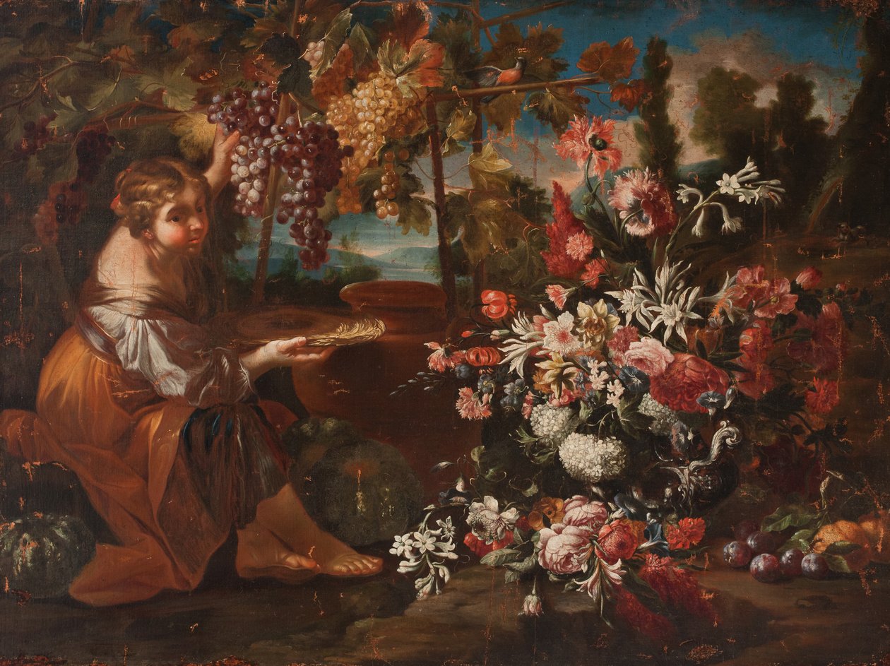 Una niña entre flores y frutas de Pietro Paolo Bonzi