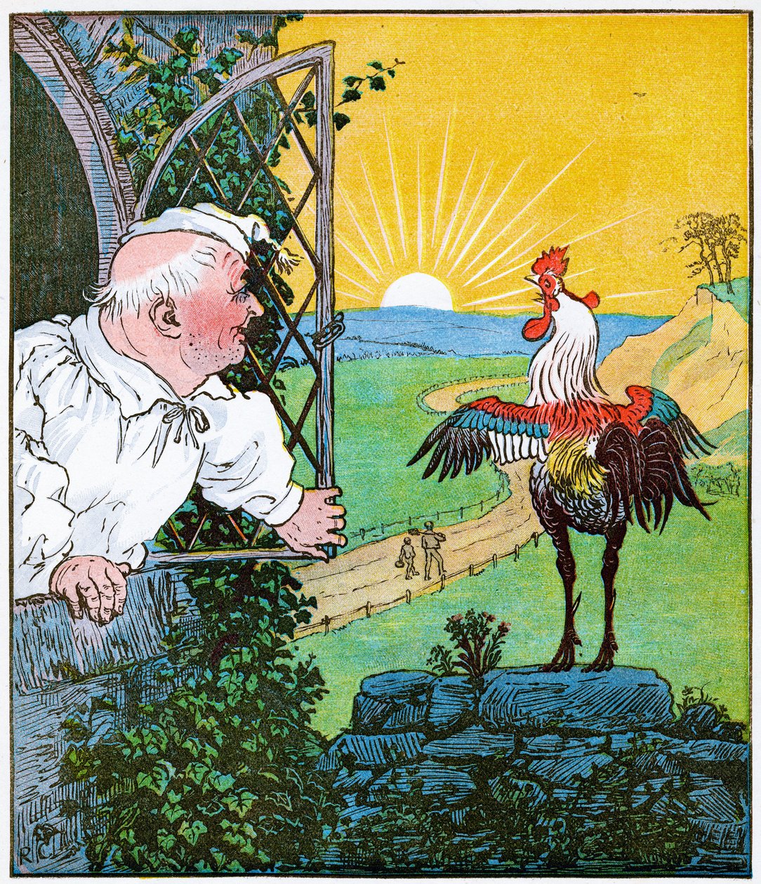 Este es el gallo que cantó en la mañana, que despertó al juez todo afeitado y arreglado, ilustración de La Casa que Jack Construyó, 1896 de Randolph Caldecott