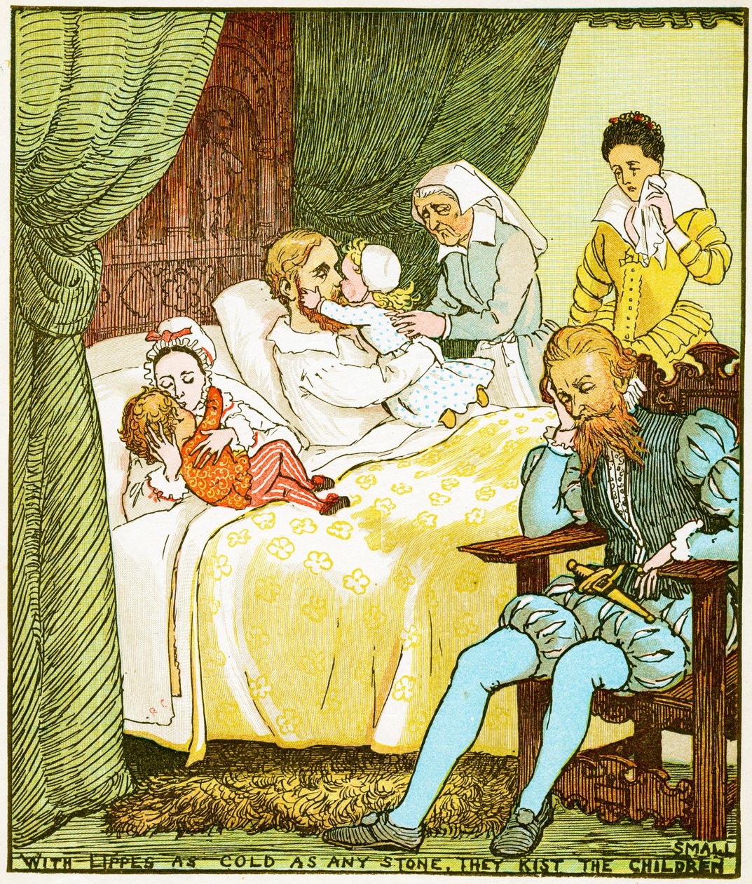 Con labios tan fríos como cualquier piedra, besan a los niños pequeños, ilustración de Los niños en el bosque, 1885 de Randolph Caldecott