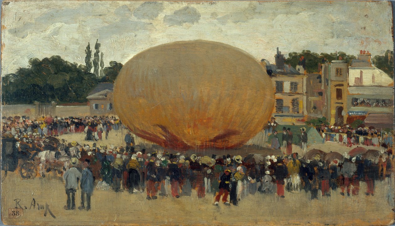 Abducción en globo, ca. 1880 (óleo sobre madera) de Raoul Joseph Arus