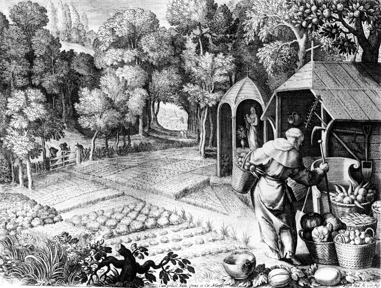 San Fiacre en su jardín, c.1580-1620 de Raphael I Sadeler