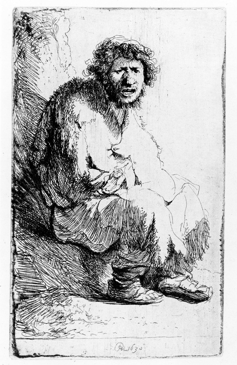 Mendigo sentado en un banco de Rembrandt van Rijn