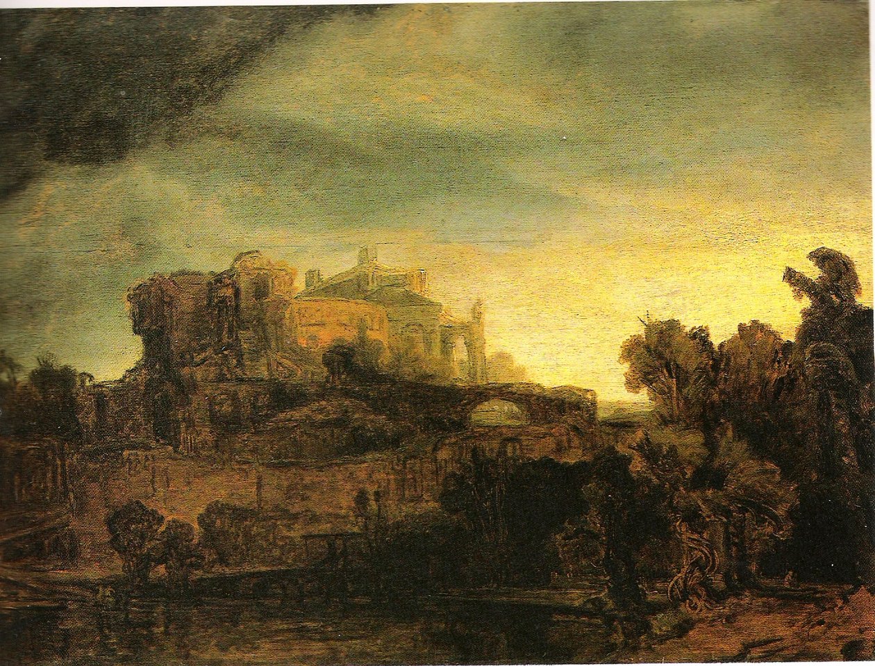 Paisaje con edificios de Rembrandt van Rijn