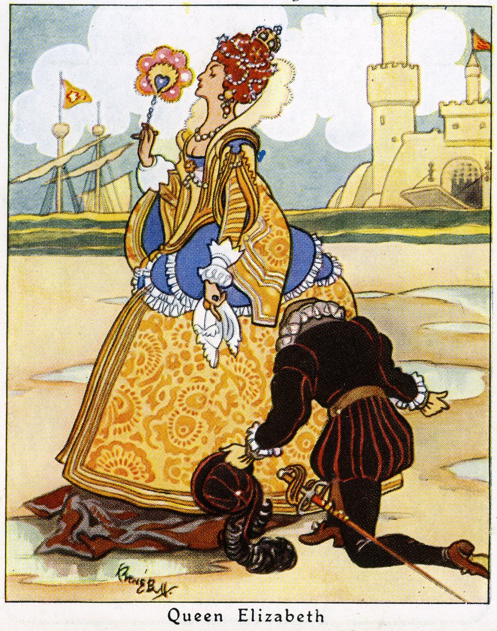 Sir Walter Raleigh coloca su capa ante la Reina Isabel I para que cruce un charco, 1936 de René Bull