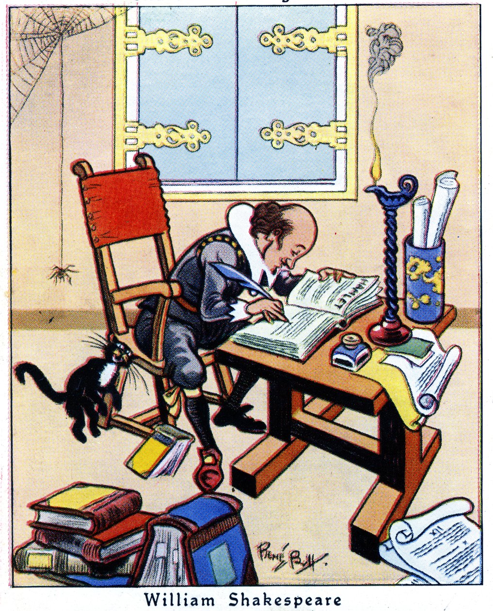 Shakespeare escribiendo Hamlet, 1936 de René Bull