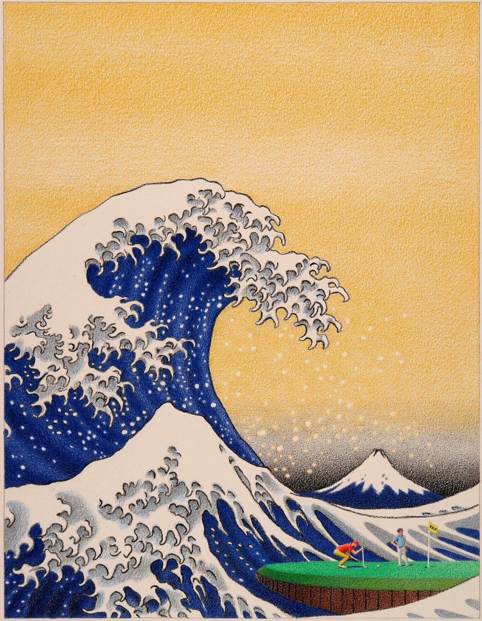 HOKUSAI-Golf, 2021, Dibujo a lápiz de color sobre papel de Rene Boin