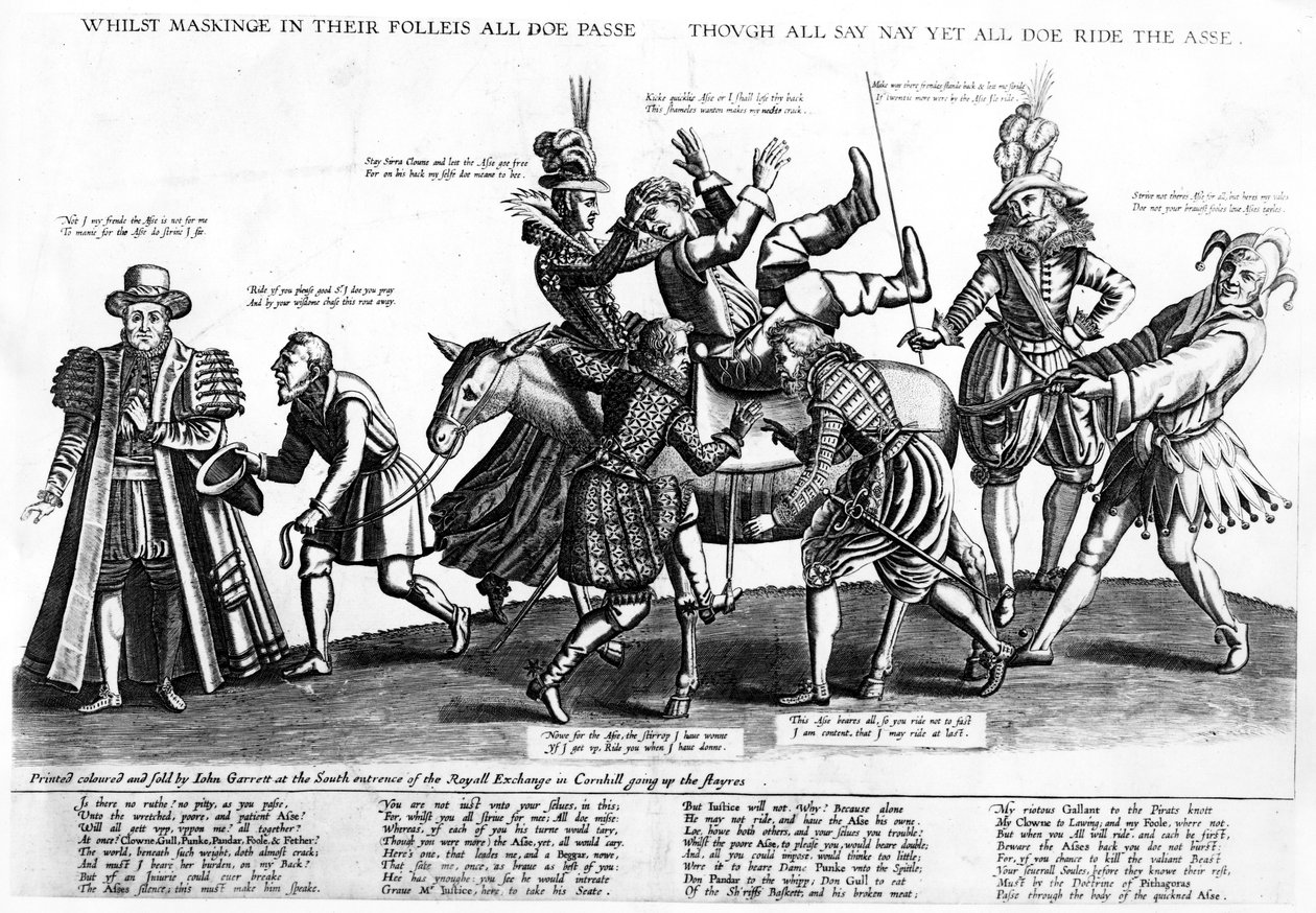 Mientras se enmascaran en sus locuras todos pasan, aunque todos digan que no, todos montan el asno, 1607 de Renold Elstrack