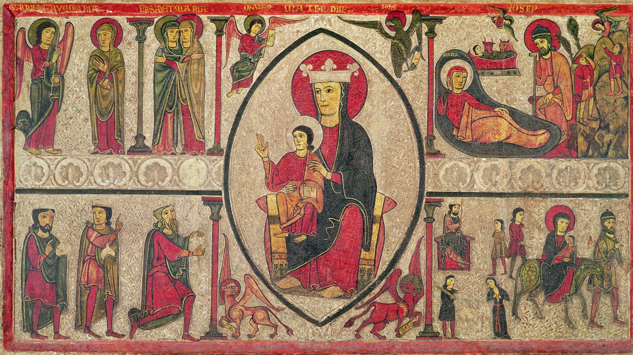 Frontal de Altar de la Iglesia de Santa María de Cardet, Vall de Boi, España, que representa a la Madonna y cuatro escenas de su vida, 1150-1200 de Ribagorça Workshop Johannes Pintor