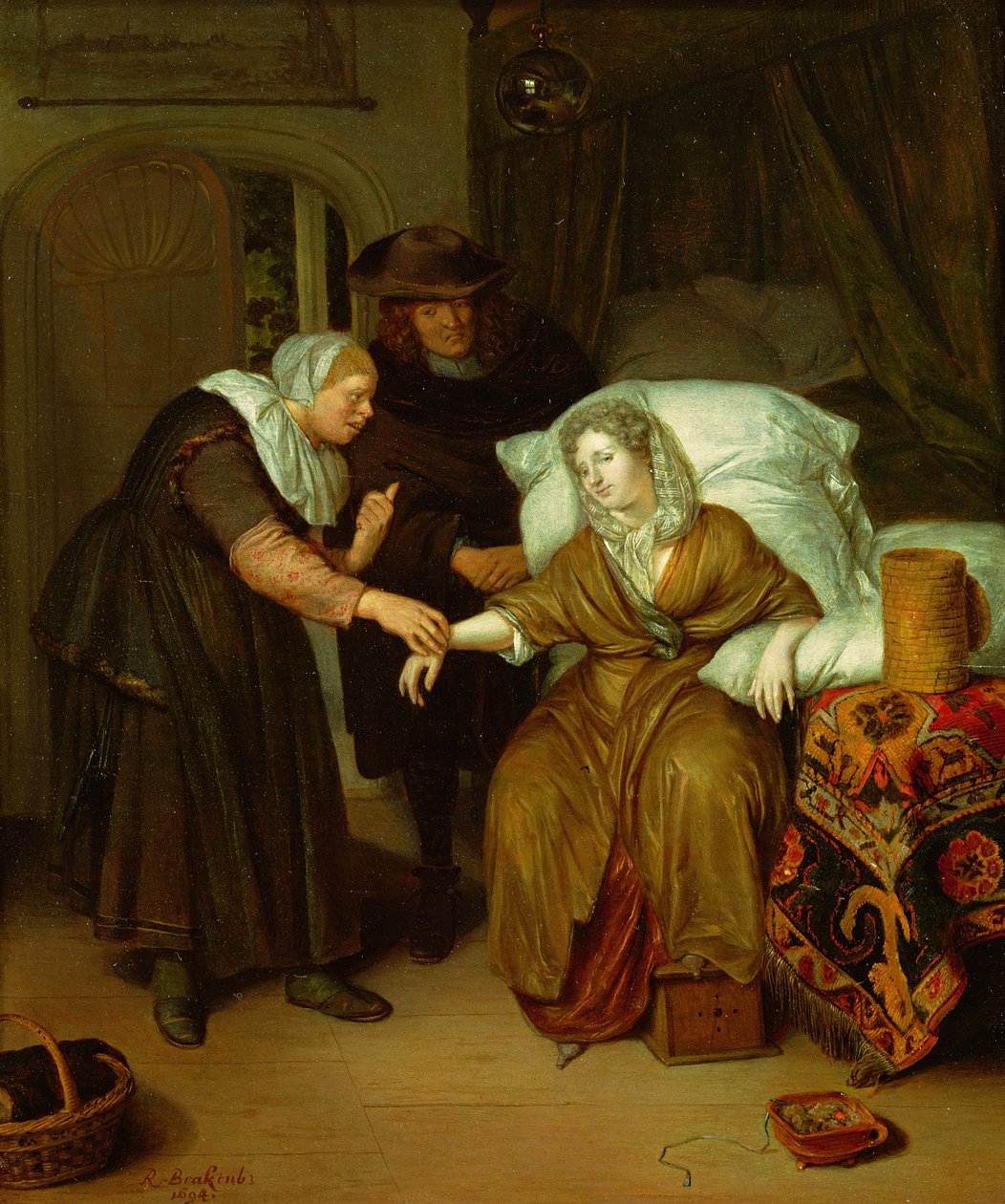 Una criada tomando el pulso a una dama de Richard Brackenburgh
