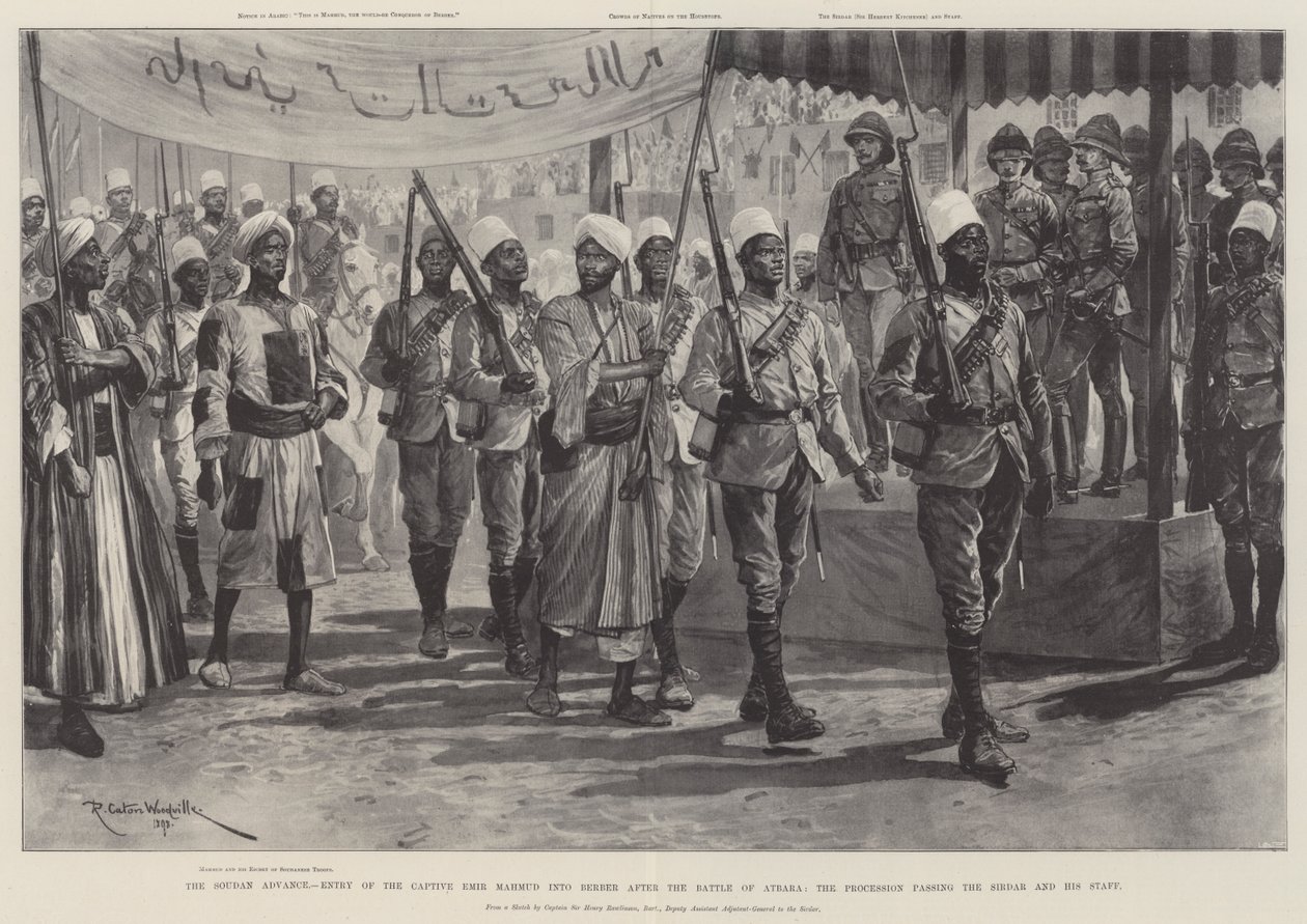 El Avance del Sudán, Entrada del Emir Mahmud Capturado en Berber después de la Batalla de Atbara, la Procesión pasando por el Sirdar y su Estado Mayor de Richard Caton Woodville junior