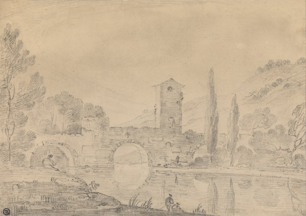 Paisaje italiano con puente de tres arcos, casa del puente, figuras en la orilla cercana y álamos en la lejana de Richard Wilson