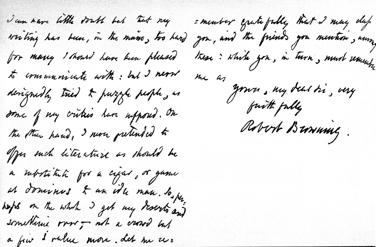 Carta a William G. Kingsland, sobre la supuesta oscuridad de su poesía y escritura, escrita en 19, Warwick Crescent, Upper Westbourne Terrace, Londres, 27 de noviembre de 1868 de Robert Browning
